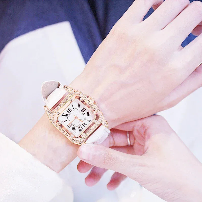 Women Diamond Watch Starry Square Dial Bracelet Watches Set Ladies Leather Band Quartz Wristwatch Female Clock Zegarek Damski - Shello's Creative Boutique