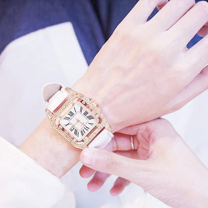 Women Diamond Watch Starry Square Dial Bracelet Watches Set Ladies Leather Band Quartz Wristwatch Female Clock Zegarek Damski - Shello's Creative Boutique