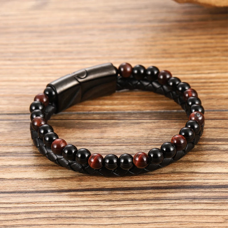 Men's Magnetic Volcanic Stone & Leather Charm Bracelet – Stainless Steel Beaded Bangle