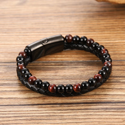 Men's Magnetic Volcanic Stone & Leather Charm Bracelet – Stainless Steel Beaded Bangle