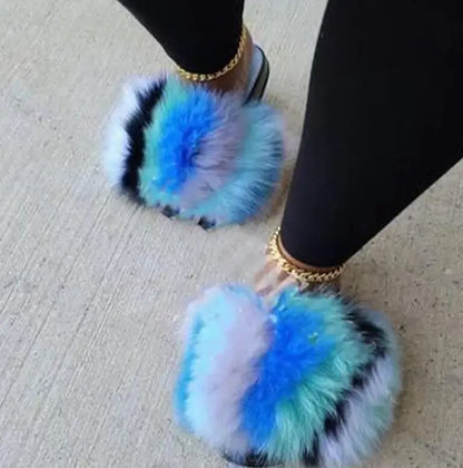 Women's Luxury Fluffy Fur Slippers - Indoor Warm Plush Flip Flops
