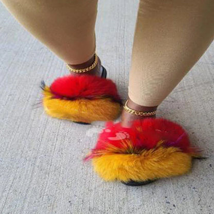 Women's Winter Fox Fur Slippers - Luxury Indoor Fluffy Slides
