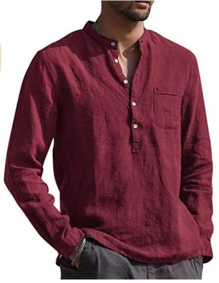 Men Four Seasons Leisure Long Sleeve Woven Flax Shirt Shello Creative Boutique