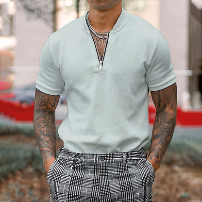 Men's Solid Color Zipper Stand Collar Casual Short Sleeve T-Shirt Shello's Creative Boutique
