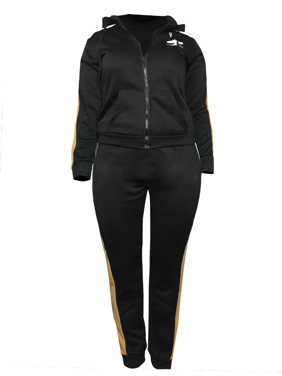 LW Plus Size Casual Two Pieces Outfits Set Women's Plus Colorblock Graphic Print Zipper Long Sleeve Drawstring Hoodie & Pants - Shello's Creative Boutique
