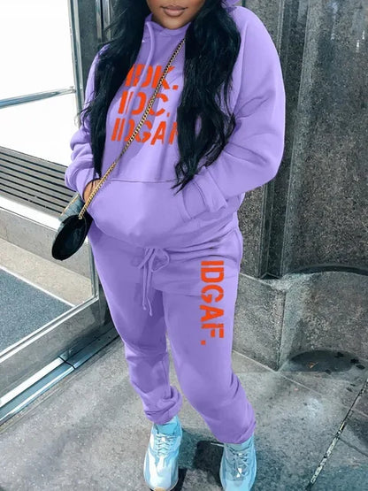 LW Plus Size Sets Letter Print Kangaroo Pocket Tracksuit Set - Shello's Creative Boutique