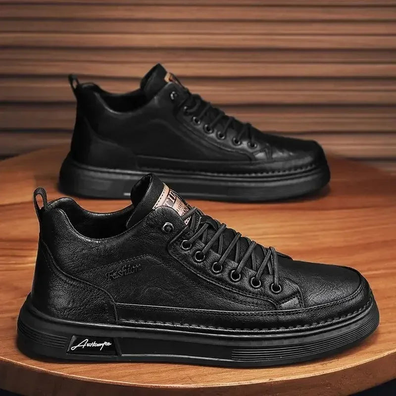Men Casual Leather Boots 2023 Fashion High Top Men Shoes Trendy Black Sports Leather Shoes Platform Ankle Boots Tênis Masculino - Shello's Creative Boutique
