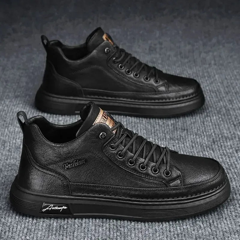 Men Casual Leather Boots 2023 Fashion High Top Men Shoes Trendy Black Sports Leather Shoes Platform Ankle Boots Tênis Masculino - Shello's Creative Boutique