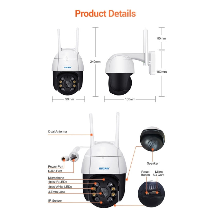 ESCAM QF218 1080P Pan / Tilt AI Humanoid Detection IP66 Waterproof WiFi IP Camera, Support ONVIF / Night Vision / TF Card / Two-way Audio, US Plug, NC1228AU, NC1228EU, NC1228UK, NC1228US SUNSKY