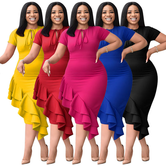 X6054 European and American Cross-border 2024 New Fashion plus size Women's Sexy Casual Lace-up Ruffled Hem dress Shello's Creative Boutique
