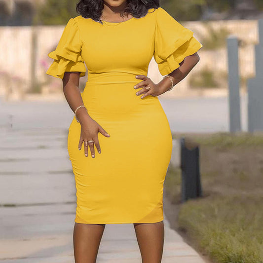 Amazon Light Mature Skirt European and American Commuter Explosions Hot Sale Solid Color Stitching Slim Fit plus size One-Step Skirt Women's dress Shello's Creative Boutique