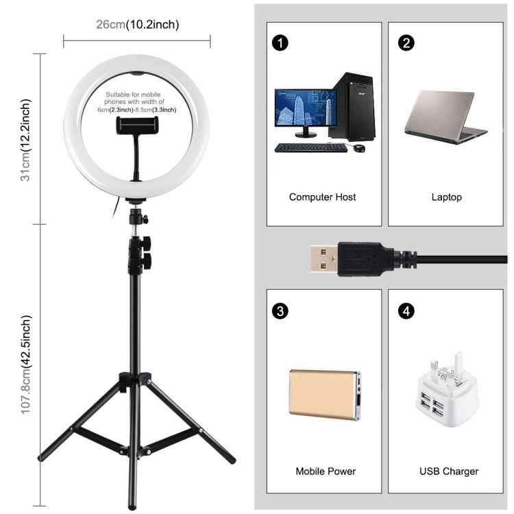 PULUZ 10.2 inch 26cm Marquee LED RGBWW Selfie Beauty Light  + 1.1m Tripod Mount 168 LED Dual-color Temperature Dimmable Ring Vlogging Photography Video Lights with Cold Shoe Tripod Ball Head & Remote Control & Phone Clamp