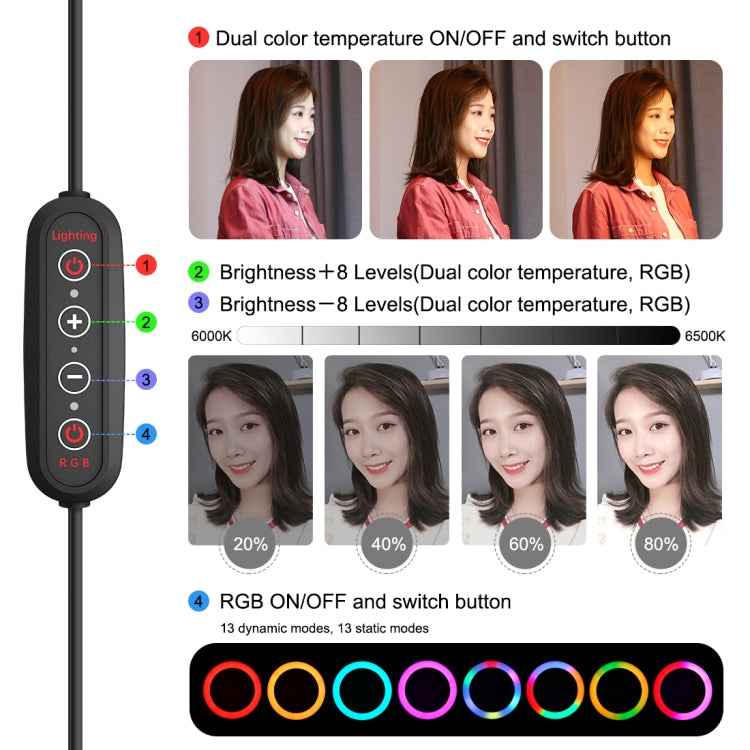 PULUZ 10.2 inch 26cm Marquee LED RGBWW Selfie Beauty Light  + 1.1m Tripod Mount 168 LED Dual-color Temperature Dimmable Ring Vlogging Photography Video Lights with Cold Shoe Tripod Ball Head & Remote Control & Phone Clamp