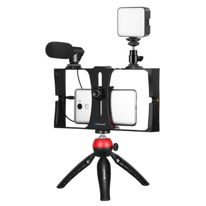 PULUZ 4 in 1 Vlogging Live Broadcast LED Selfie Fill Light Smartphone Video Rig Kits with Microphone + Tripod Mount + Cold Shoe Tripod Head for iPhone, Galaxy, Huawei, Xiaomi, HTC, LG, Google, and Other Smartphones