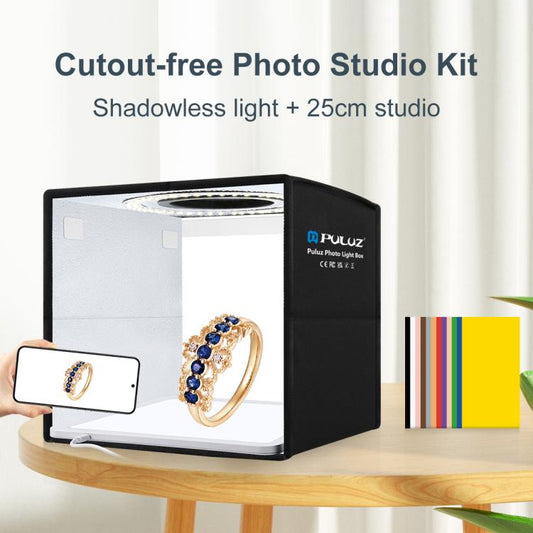 PULUZ 25cm Folding Portable High CRI Ring LED Photo Lighting Studio Tent Box + Shadowless Light Lamp Panel Pad with 12 Colors Backdrops, Size: 25cm x 25cm x 25cm