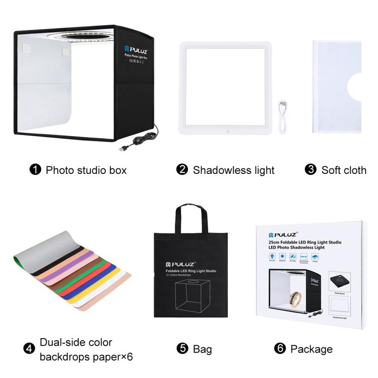 PULUZ 25cm Folding Portable High CRI Ring LED Photo Lighting Studio Tent Box + Shadowless Light Lamp Panel Pad with 12 Colors Backdrops, Size: 25cm x 25cm x 25cm