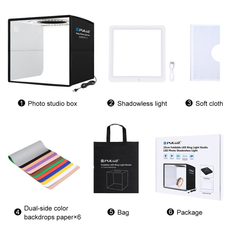 PULUZ 25cm Folding Portable High CRI Ring LED Photo Lighting Studio Tent Box + Shadowless Light Lamp Panel Pad with 12 Colors Backdrops, Size: 25cm x 25cm x 25cm, 25cm High CRI Box + Shadowless Light - Shello's Creative Boutique