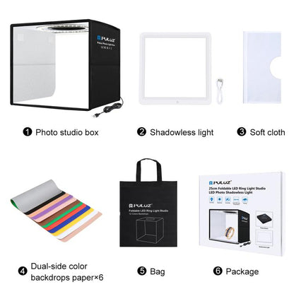 PULUZ 25cm Folding Portable High CRI Ring LED Photo Lighting Studio Tent Box + Shadowless Light Lamp Panel Pad with 12 Colors Backdrops, Size: 25cm x 25cm x 25cm, 25cm High CRI Box + Shadowless Light - Shello's Creative Boutique