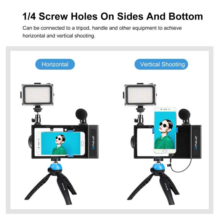 PULUZ 4 in 1 Bluetooth Handheld Vlogging Live Broadcast LED Selfie Light Smartphone Video Rig Kits with Microphone + Tripod Mount + Cold Shoe Tripod Head for iPhone, Galaxy, Huawei, Xiaomi, HTC, LG, Google, and Other Smartphones