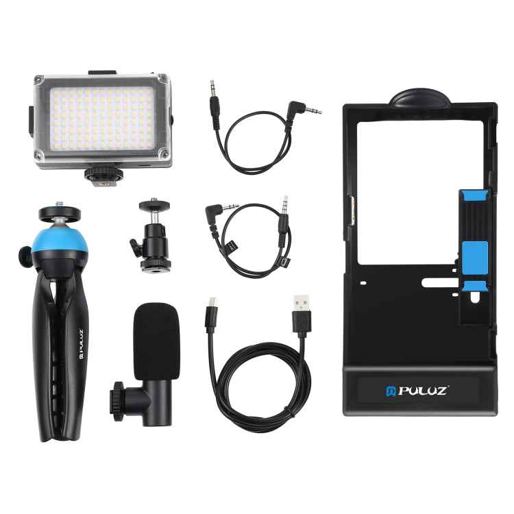 PULUZ 4 in 1 Bluetooth Handheld Vlogging Live Broadcast LED Selfie Light Smartphone Video Rig Kits with Microphone + Tripod Mount + Cold Shoe Tripod Head for iPhone, Galaxy, Huawei, Xiaomi, HTC, LG, Google, and Other Smartphones