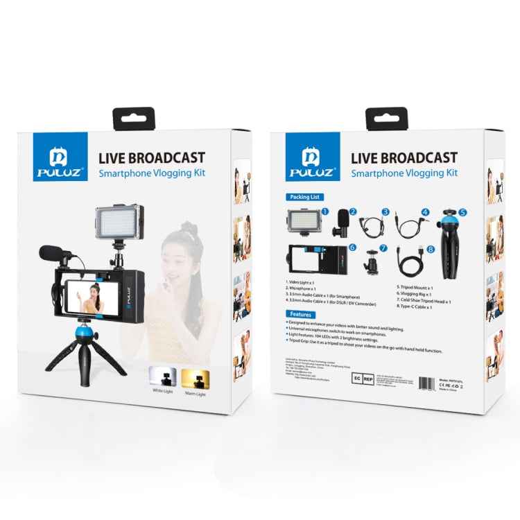 PULUZ 4 in 1 Bluetooth Handheld Vlogging Live Broadcast LED Selfie Light Smartphone Video Rig Kits with Microphone + Tripod Mount + Cold Shoe Tripod Head for iPhone, Galaxy, Huawei, Xiaomi, HTC, LG, Google, and Other Smartphones