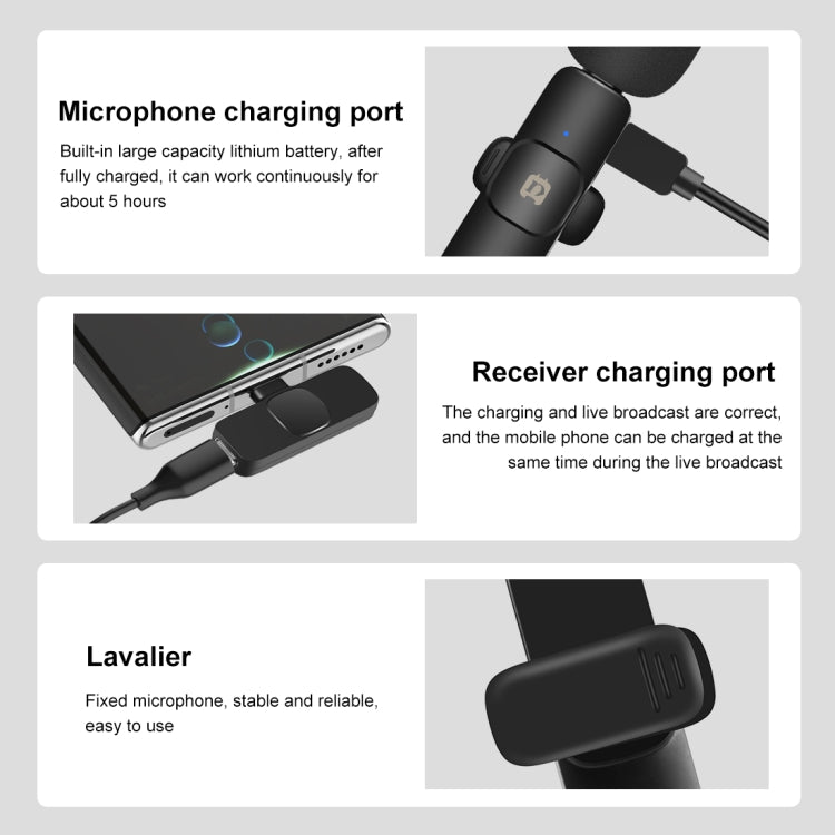 PULUZ Wireless Lavalier Noise Reduction Microphone for Type-C / USB-C Device, Support Phone Charging
