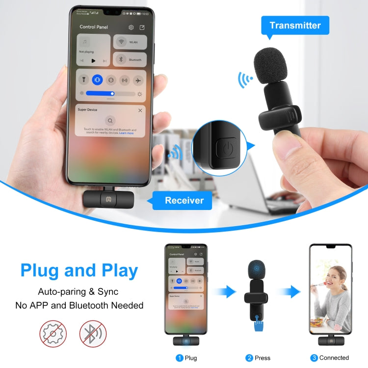 PULUZ Wireless Lavalier Noise Reduction Microphone for Type-C / USB-C Device, Support Phone Charging