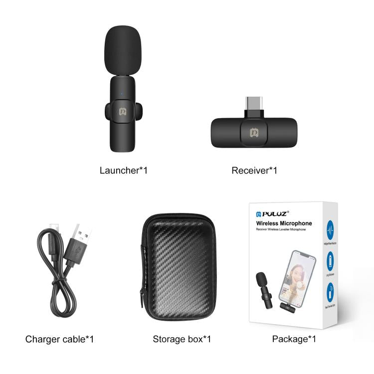 PULUZ Wireless Lavalier Noise Reduction Microphone for Type-C / USB-C Device, Support Phone Charging