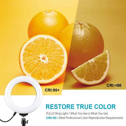 PULUZ Round Base Desktop Mount + 6.2 inch 3 Modes USB Dimmable LED Ring Vlogging Video Light, Adjustable Height: 18cm-28cm