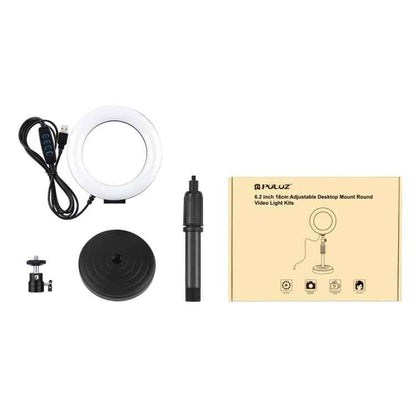 PULUZ Round Base Desktop Mount + 6.2 inch 3 Modes USB Dimmable LED Ring Vlogging Video Light, Adjustable Height: 18cm-28cm