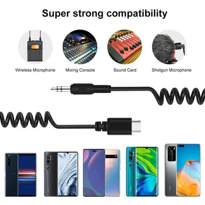 PULUZ 3.5mm TRRS Male to Type-C / USB-C Male Live Microphone Audio Adapter Spring Coiled Cable for Samsung, Huawei and Smartphones, Cable Stretching to 100cm