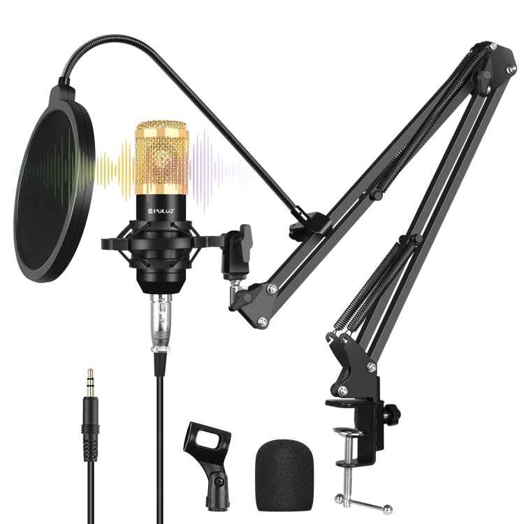 PULUZ Condenser Microphone Studio Broadcast Professional Singing Microphone Kits with Suspension Scissor Arm & Metal Shock Mount & USB Sound Card, Power By 48V