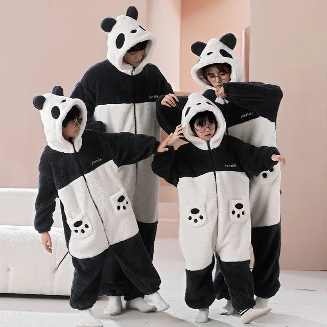 Parent-Child Outfit Pijamas Jumpsuits Kawaii Cartoon Panda Women Men Sleepwear Hoodies Winter Thicken Pajamas Onesie Pyjamas - Shello's Creative Boutique