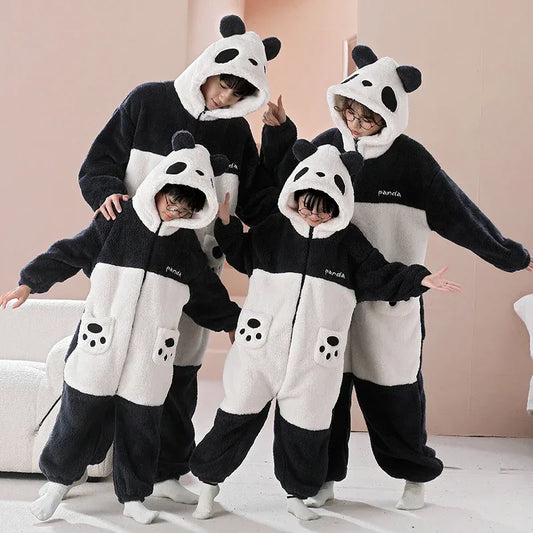 Parent-Child Outfit Pijamas Jumpsuits Kawaii Cartoon Panda Women Men Sleepwear Hoodies Winter Thicken Pajamas Onesie Pyjamas - Shello's Creative Boutique