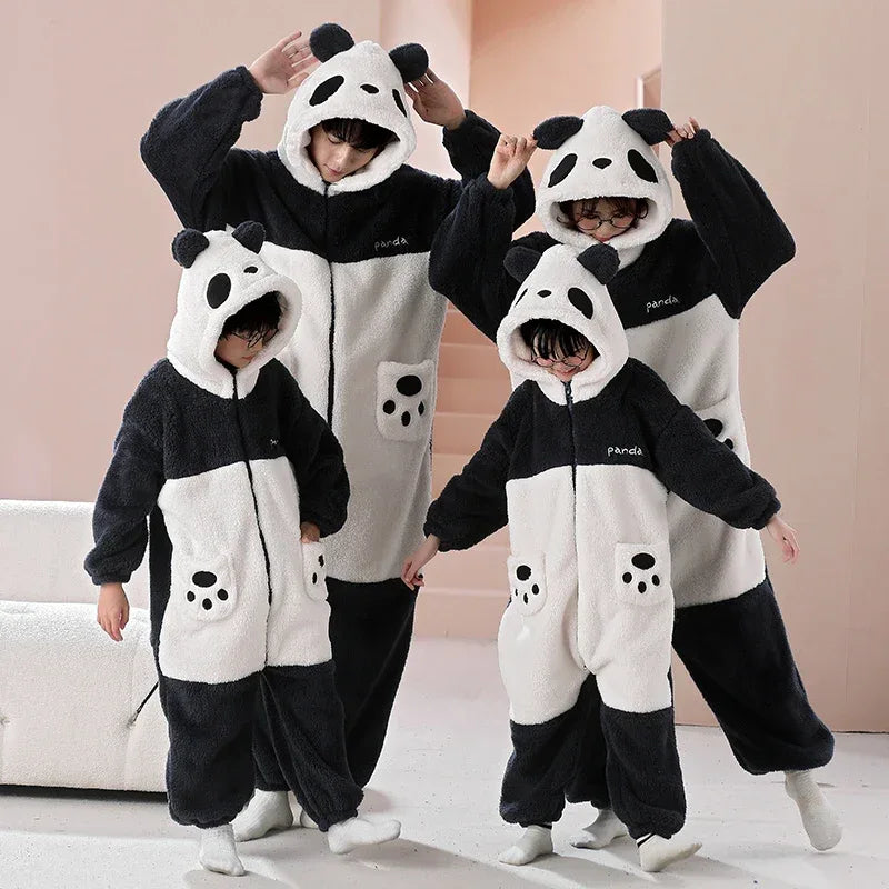 Parent-Child Outfit Pijamas Jumpsuits Kawaii Cartoon Panda Women Men Sleepwear Hoodies Winter Thicken Pajamas Onesie Pyjamas - Shello's Creative Boutique