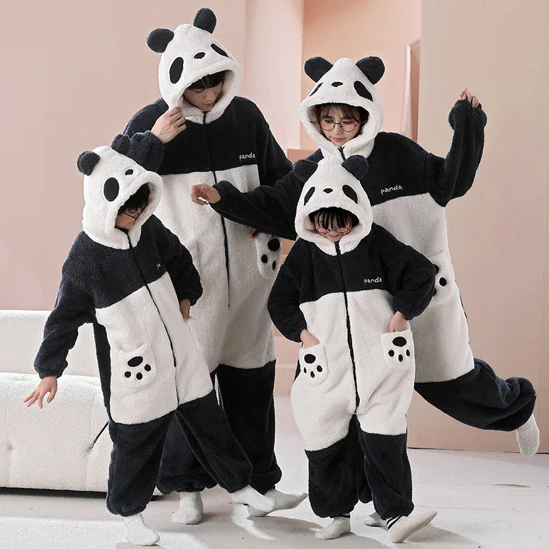 Parent-Child Outfit Pijamas Jumpsuits Kawaii Cartoon Panda Women Men Sleepwear Hoodies Winter Thicken Pajamas Onesie Pyjamas - Shello's Creative Boutique