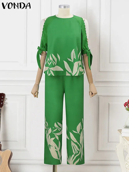 Plus Size 5XL VONDA Pant Sets 2024 Autumn Women Cold Shoulder 2pcs - Shello's Creative Boutique