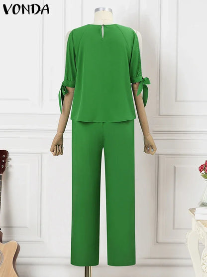 Plus Size 5XL VONDA Pant Sets 2024 Autumn Women Cold Shoulder 2pcs - Shello's Creative Boutique