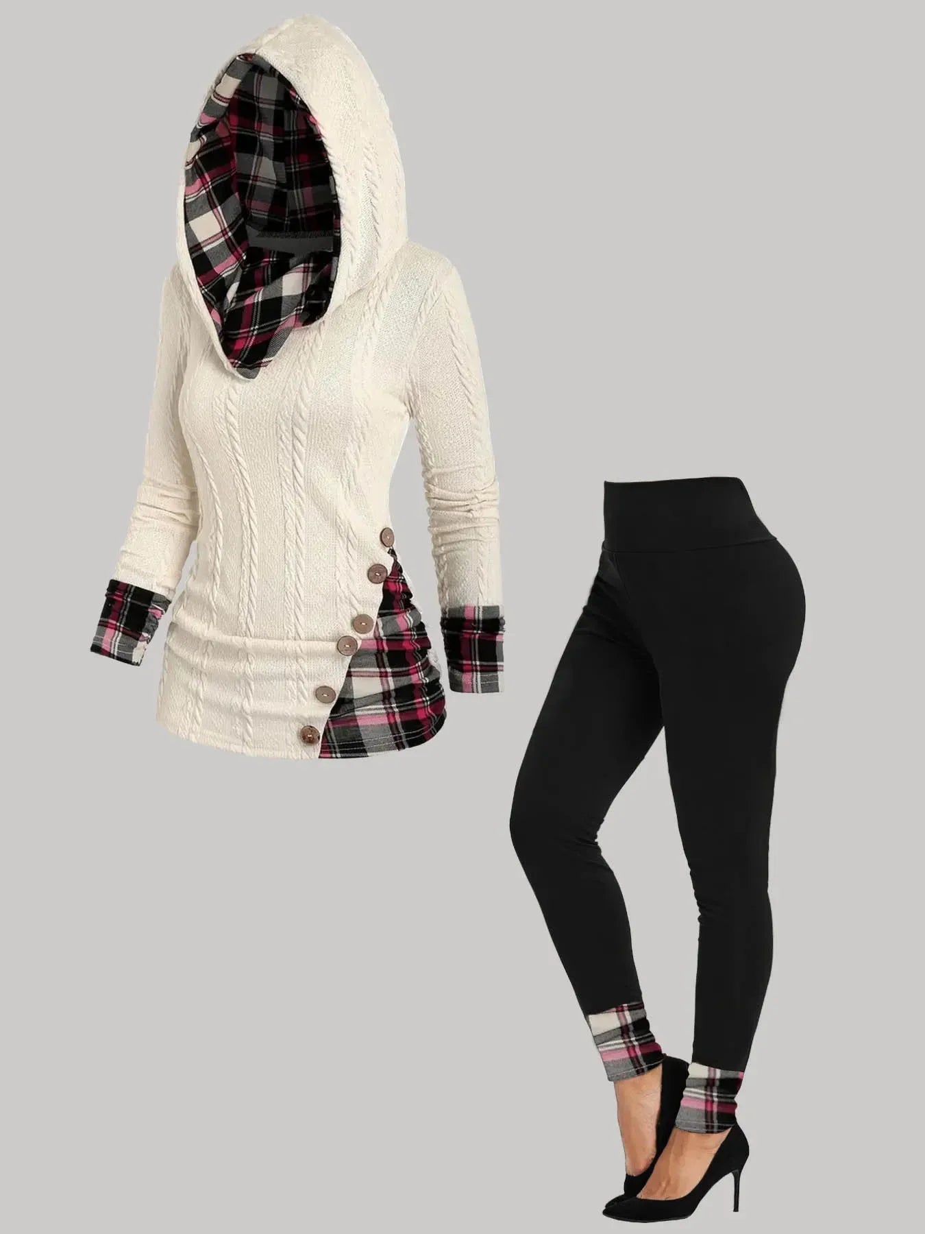 Plus Size Womens Suit Hooded Sweatshirts Colorblock Plaid Print Hoodie Drawstring Textured Tops Long Pants Two-piece Set - Shello's Creative Boutique