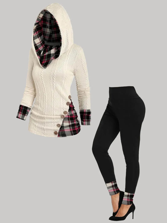 Plus Size Womens Suit Hooded Sweatshirts Colorblock Plaid Print Hoodie Drawstring Textured Tops Long Pants Two-piece Set - Shello's Creative Boutique