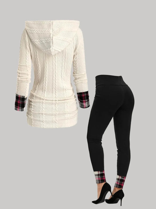 Plus Size Womens Suit Hooded Sweatshirts Colorblock Plaid Print Hoodie Drawstring Textured Tops Long Pants Two-piece Set - Shello's Creative Boutique