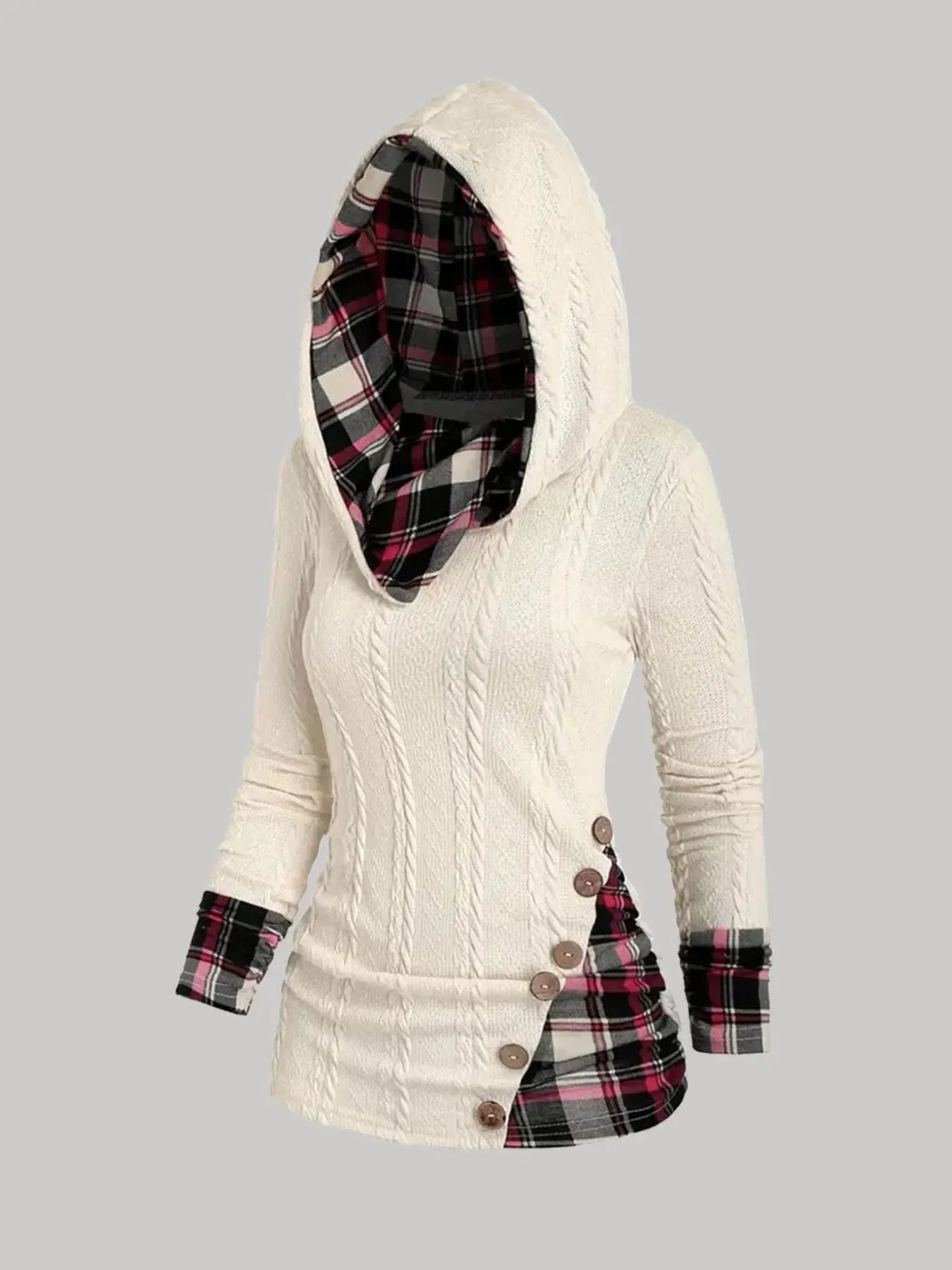 Plus Size Womens Suit Hooded Sweatshirts Colorblock Plaid Print Hoodie Drawstring Textured Tops Long Pants Two-piece Set - Shello's Creative Boutique