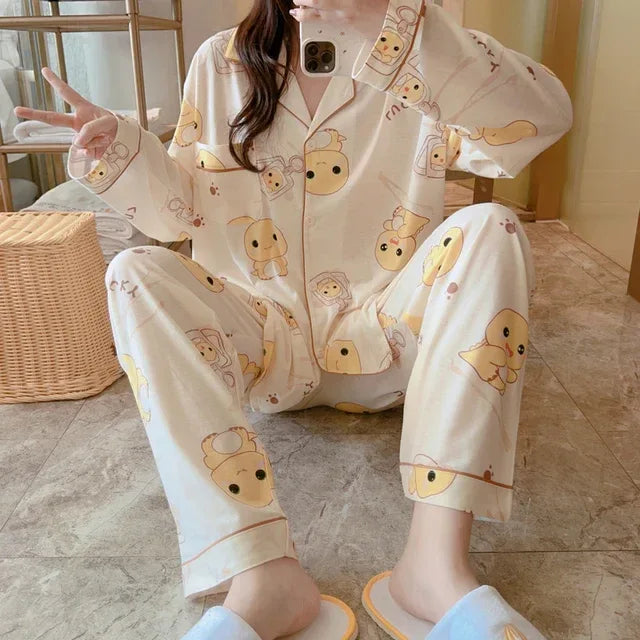 Plus Size plus Size Pure Cotton Sleepwear Set Women's Long Sleeve Casual Cartoon Home Leisure Two-Piece Suit V-Neck Button De... - Shello's Creative Boutique
