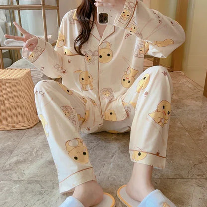 Plus Size plus Size Pure Cotton Sleepwear Set Women's Long Sleeve Casual Cartoon Home Leisure Two-Piece Suit V-Neck Button De... - Shello's Creative Boutique