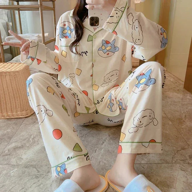 Plus Size plus Size Pure Cotton Sleepwear Set Women's Long Sleeve Casual Cartoon Home Leisure Two-Piece Suit V-Neck Button De... - Shello's Creative Boutique