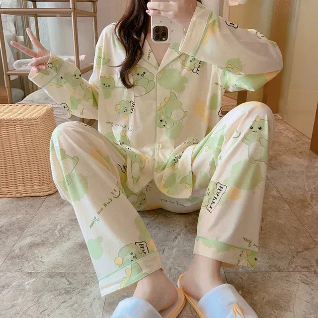 Plus Size plus Size Pure Cotton Sleepwear Set Women's Long Sleeve Casual Cartoon Home Leisure Two-Piece Suit V-Neck Button De... - Shello's Creative Boutique