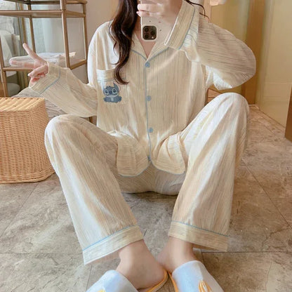 Plus Size plus Size Pure Cotton Sleepwear Set Women's Long Sleeve Casual Cartoon Home Leisure Two-Piece Suit V-Neck Button De... - Shello's Creative Boutique