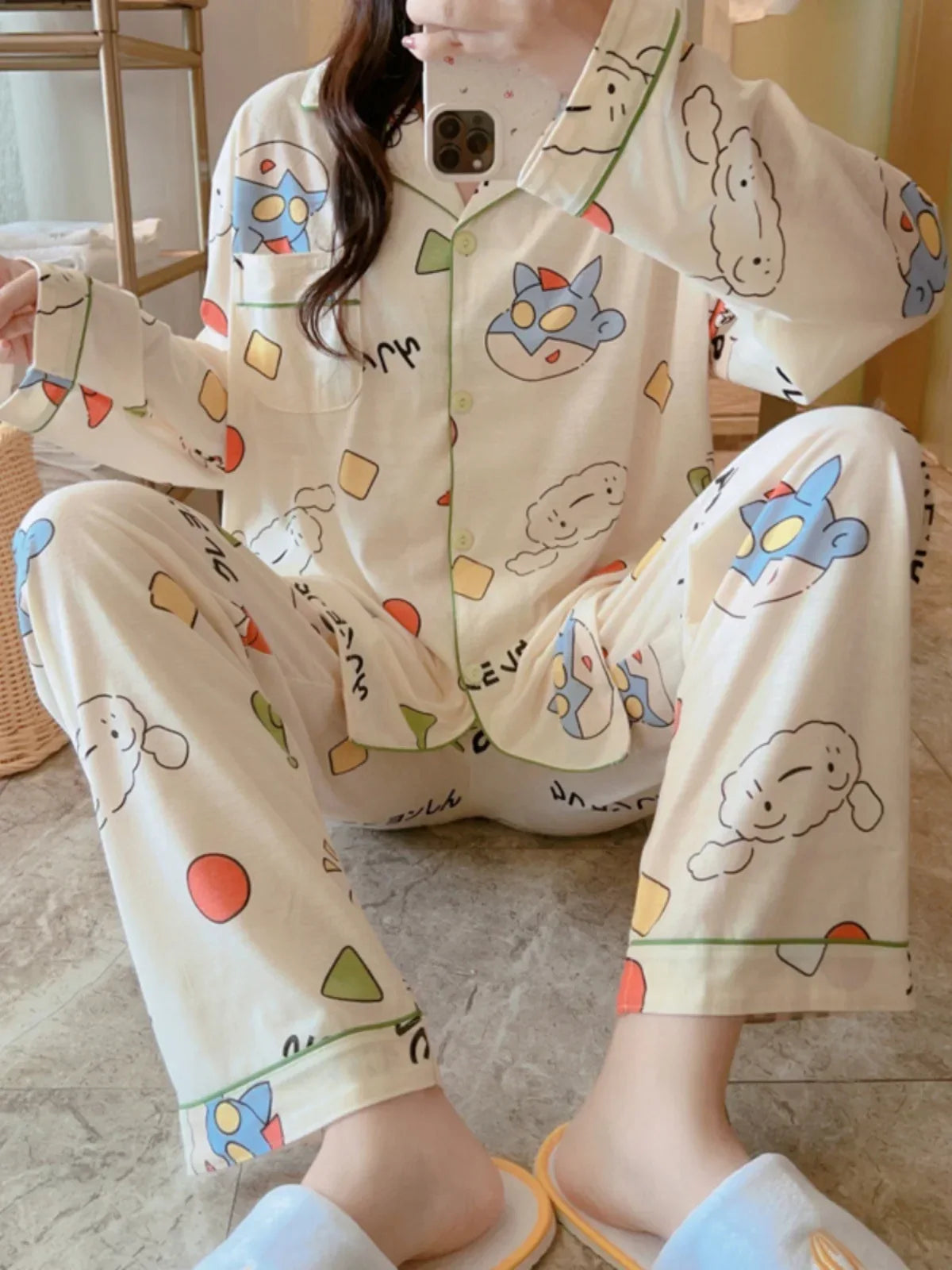 Plus Size plus Size Pure Cotton Sleepwear Set Women's Long Sleeve Casual Cartoon Home Leisure Two-Piece Suit V-Neck Button De... - Shello's Creative Boutique