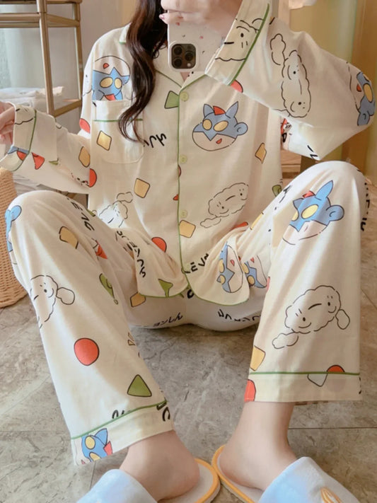 Plus Size plus Size Pure Cotton Sleepwear Set Women's Long Sleeve Casual Cartoon Home Leisure Two-Piece Suit V-Neck Button De... - Shello's Creative Boutique