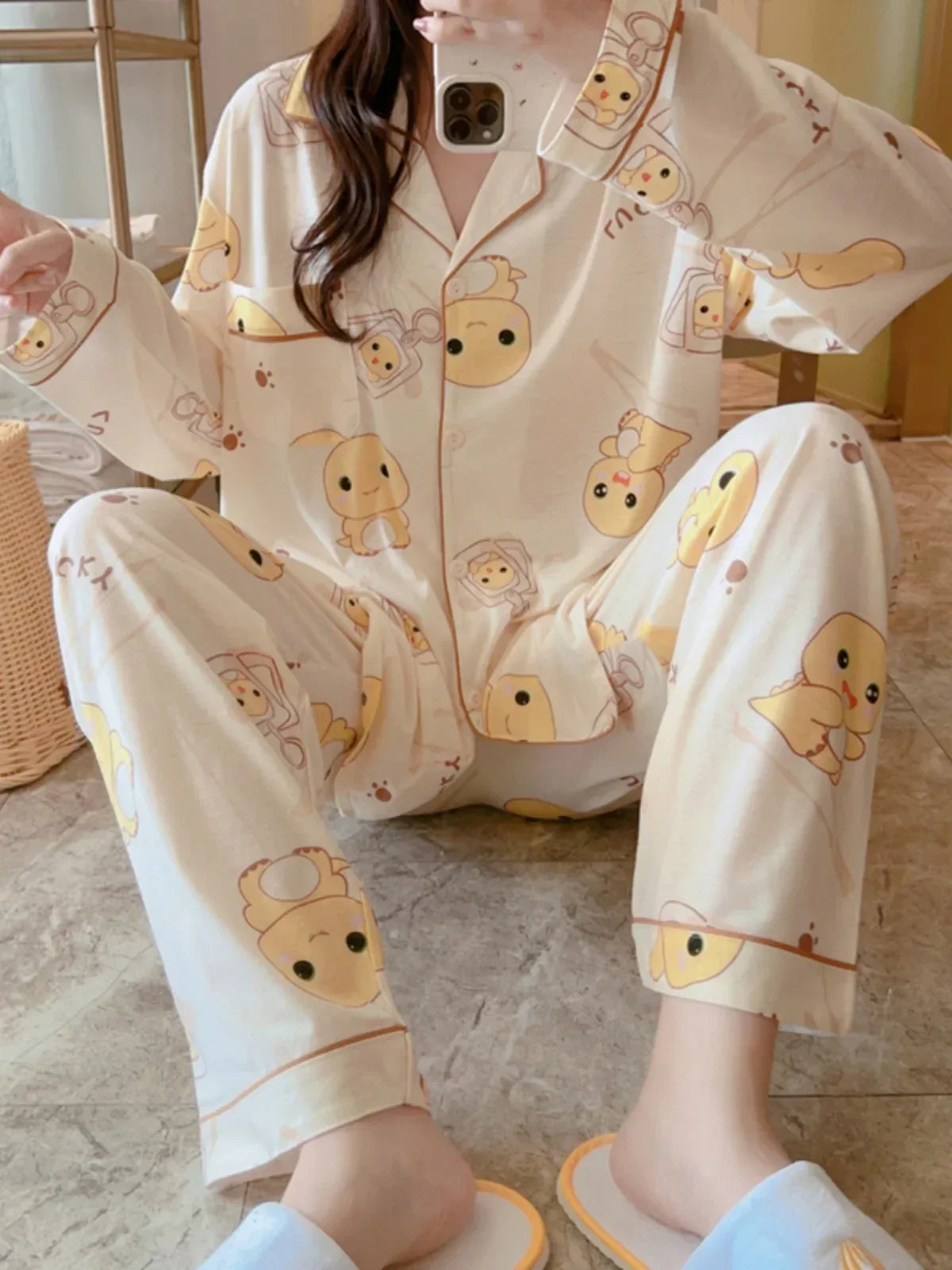 Plus Size plus Size Pure Cotton Sleepwear Set Women's Long Sleeve Casual Cartoon Home Leisure Two-Piece Suit V-Neck Button De... - Shello's Creative Boutique